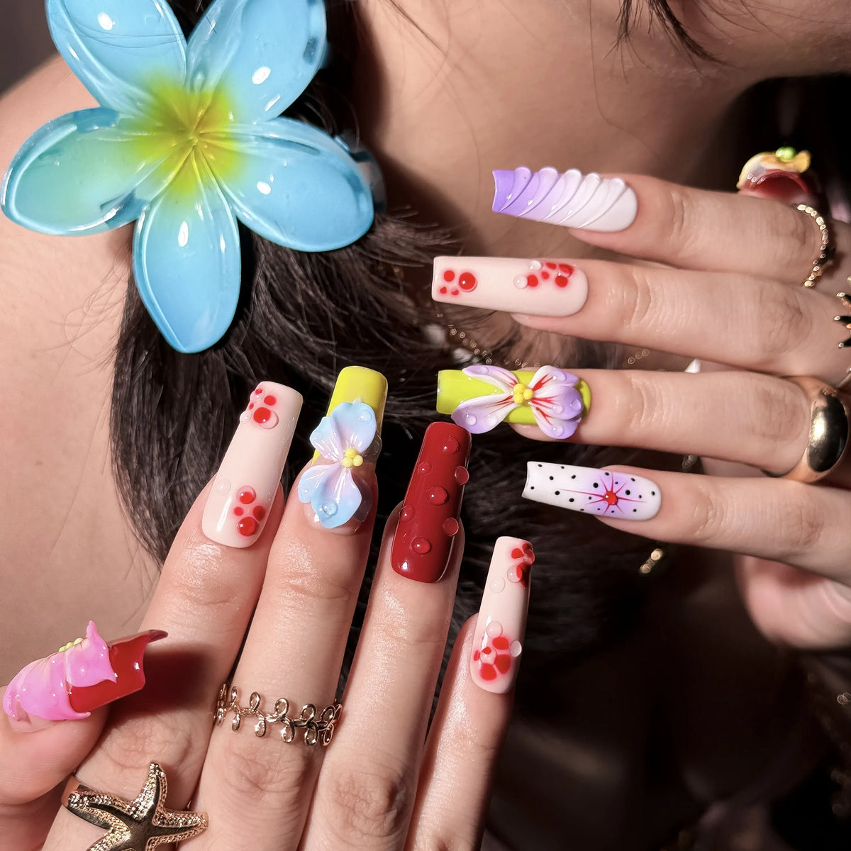 Tropical Hibiscus 3D Press-On Nails | Coffin Long | Maximalist Y2K Bold Summer | LuxepressCo