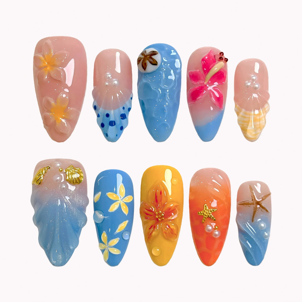 Tropical Shell Bloom Press-On Nails | Almond | 3D Hibiscus Shell Wave Sunset Beach | LuxepressCo