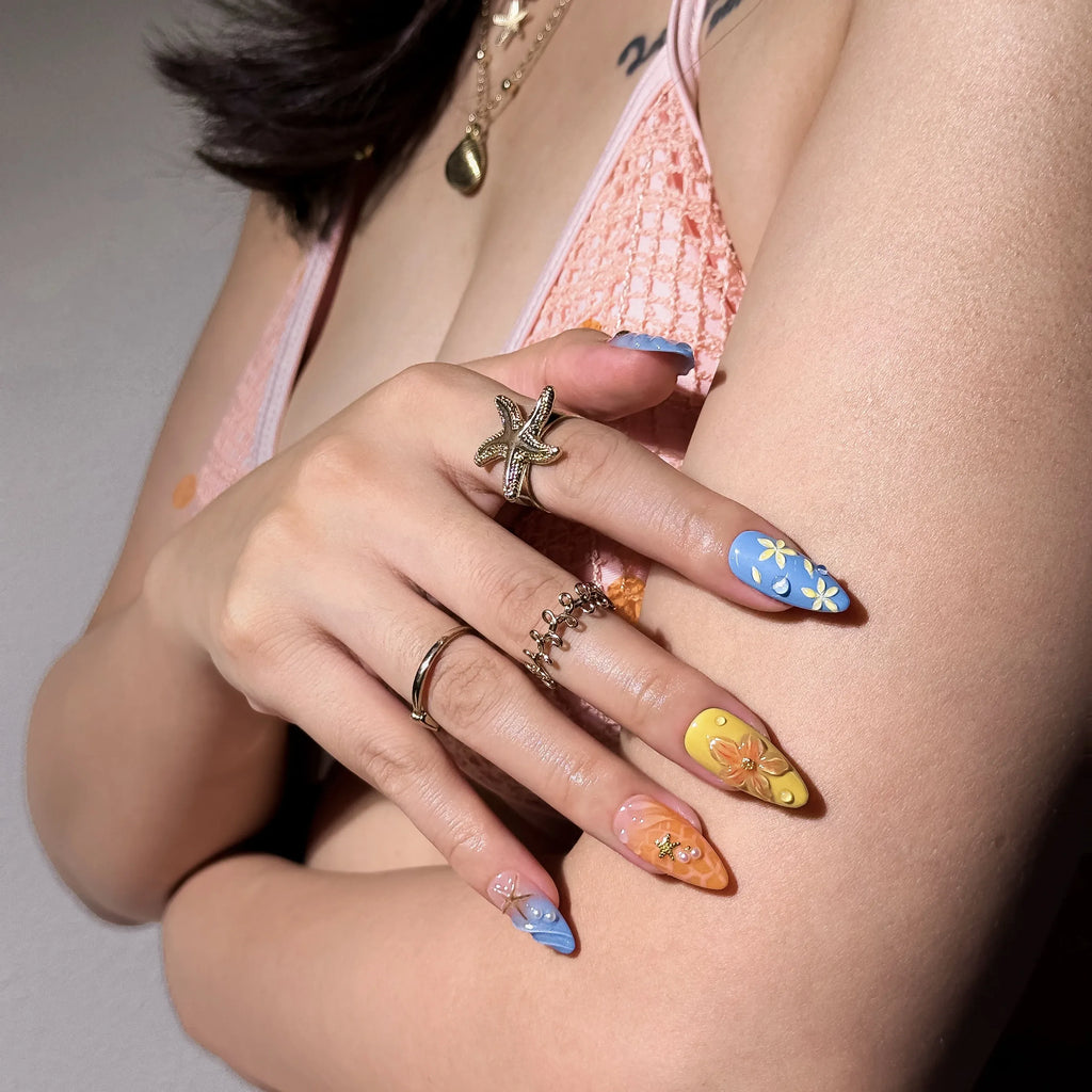 Tropical Shell Bloom Press-On Nails | Almond | 3D Hibiscus Shell Wave Sunset Beach | LuxepressCo