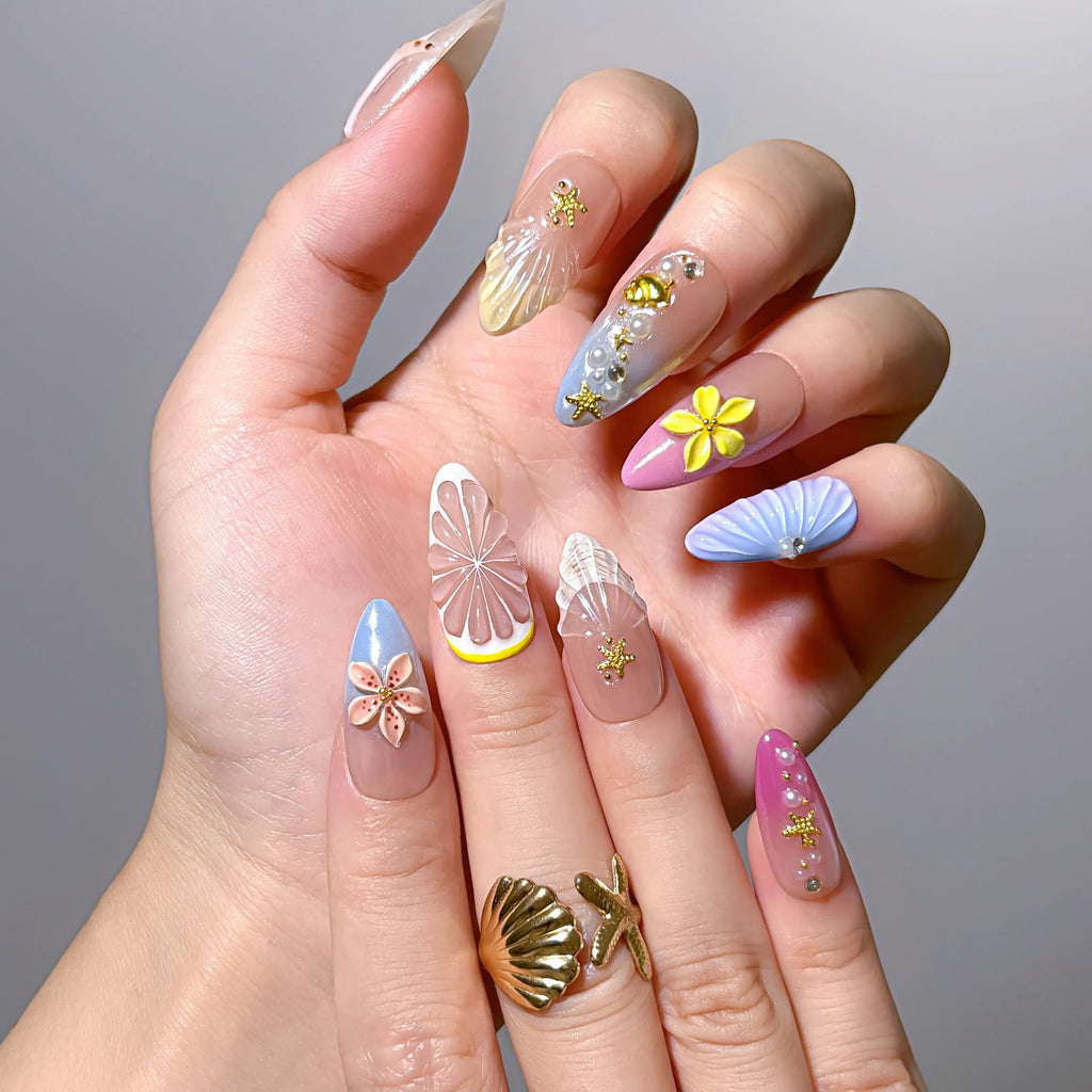 Seashell Garden Reverie Press-On Nails | Almond Stiletto | 3D Shell Plumeria Starfish Pastel | LuxepressCo