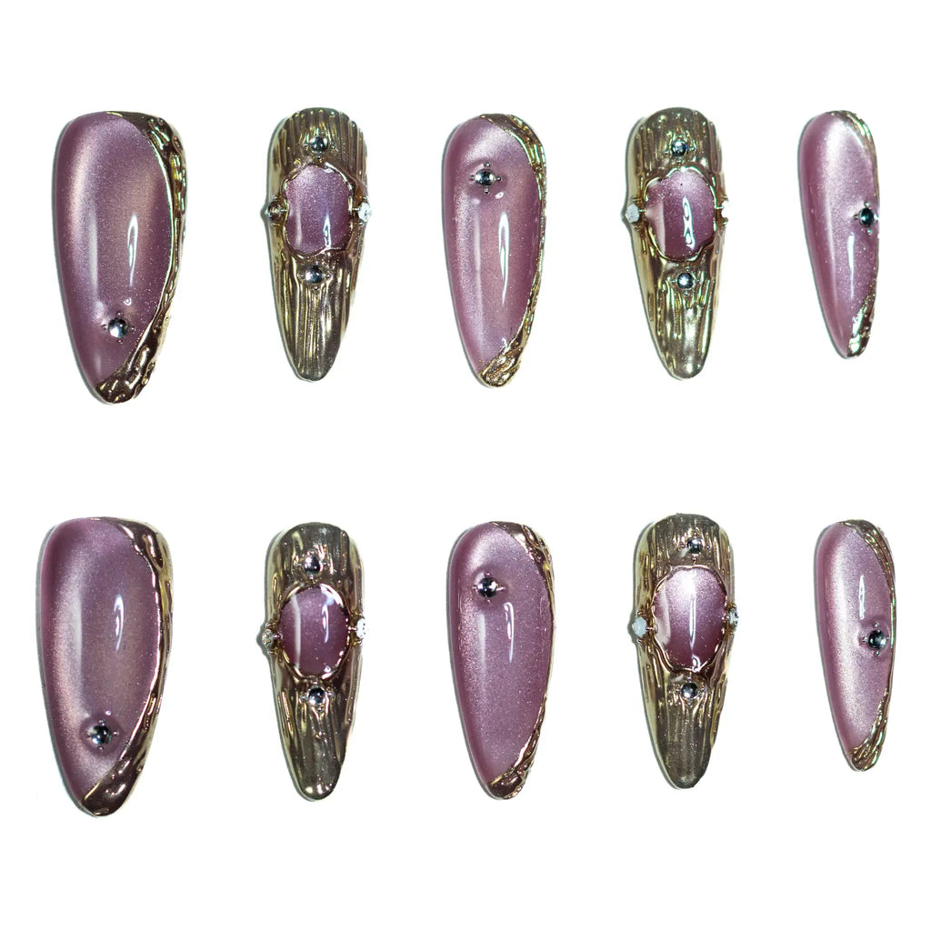 Amethyst Armour Press-On Nails | Stiletto Long | Cat Eye Mauve Gold Byzantine Frame | LuxepressCo