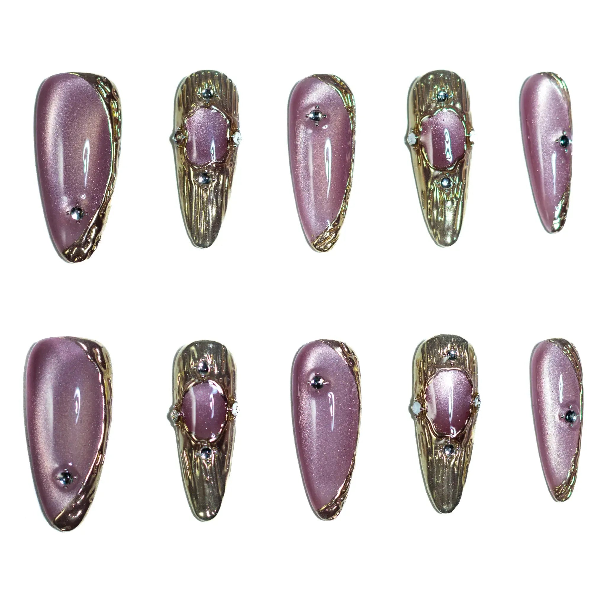 Amethyst Armour Press-On Nails | Stiletto Long | Cat Eye Mauve Gold Byzantine Frame | LuxepressCo