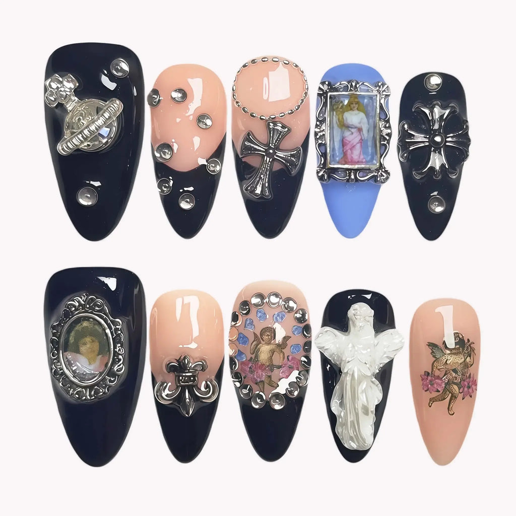 Dark Baroque Sacred Press-On Nails | Almond Stiletto | Saturn Cross Portrait Angel | LuxepressCo