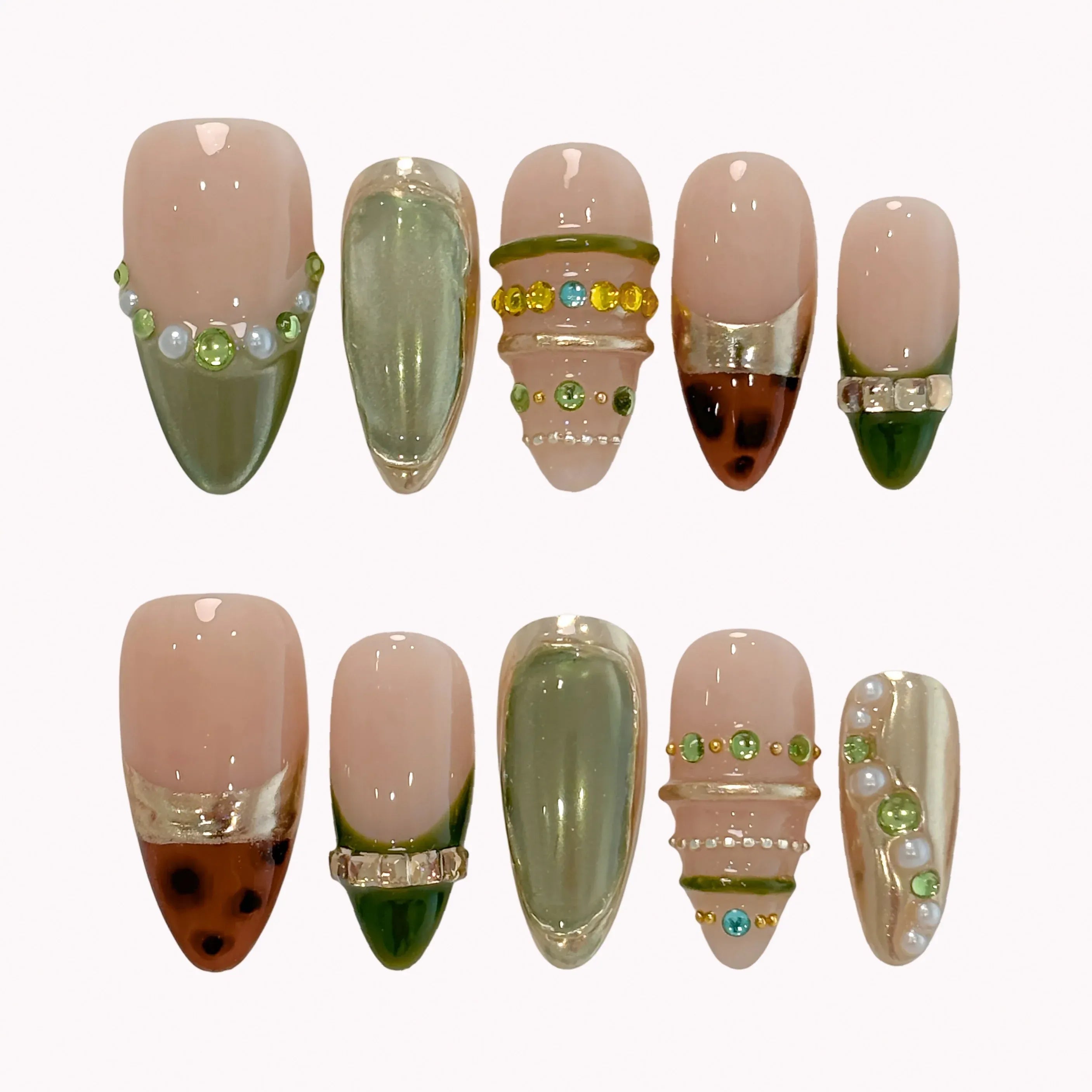 Military Chrome Armor Press-On Nails | Almond Stiletto | Olive Gold Bronze Dark | LuxepressCo