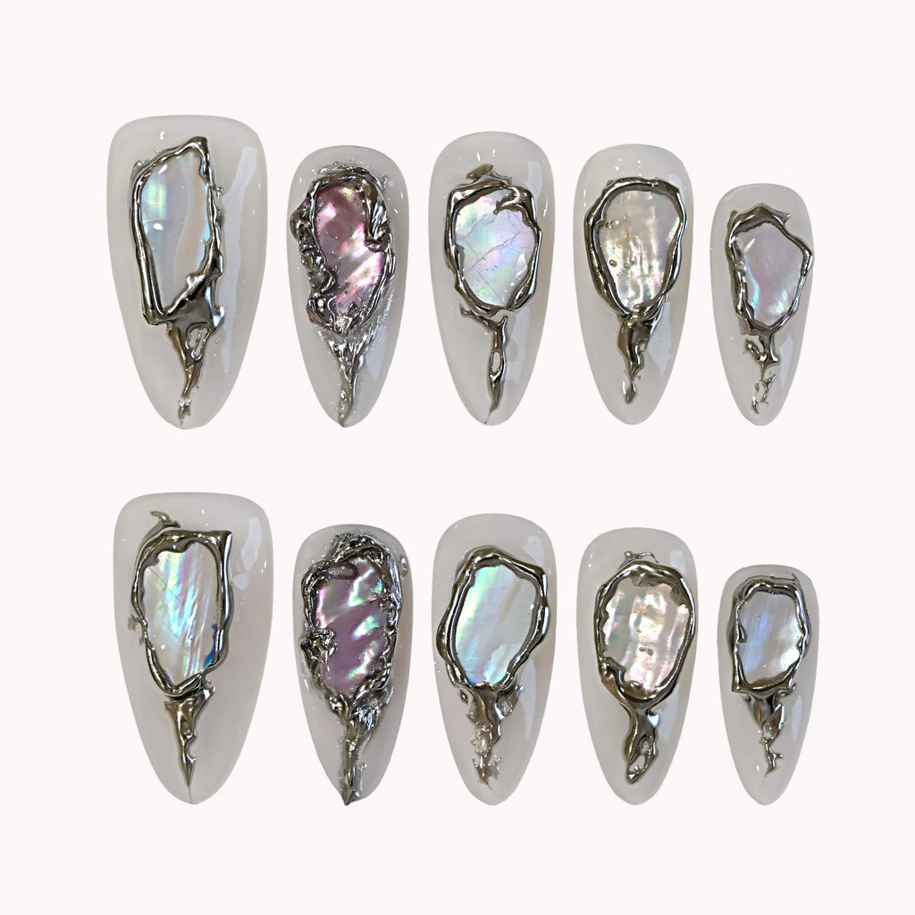 Molten Silver Abalone Press-On Nails | Almond Stiletto | Iridescent Shell 3D Frame | LuxepressCo