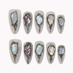 Molten Silver Abalone Press-On Nails | Almond Stiletto | Iridescent Shell 3D Frame | LuxepressCo