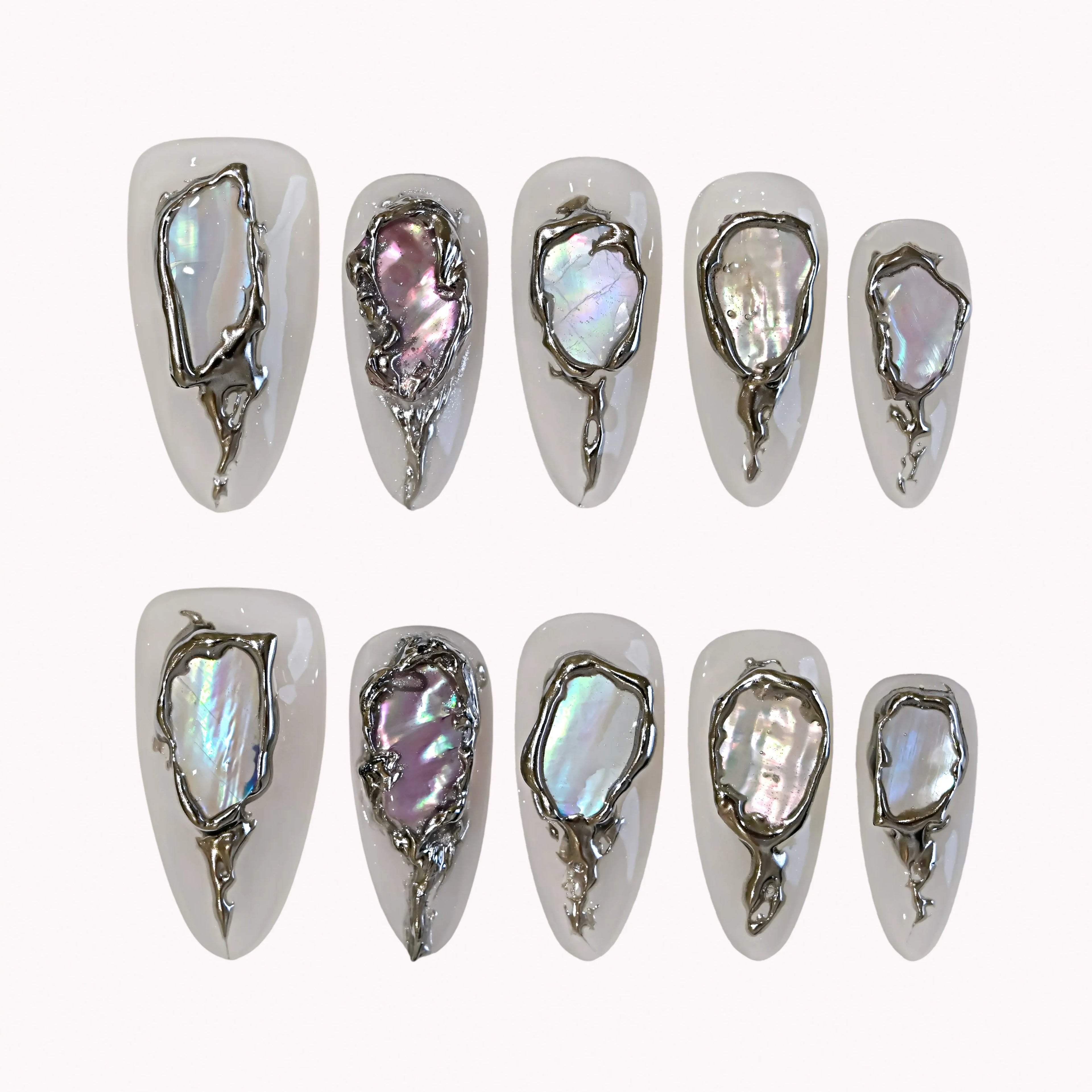 Molten Silver Abalone Press-On Nails | Almond Stiletto | Iridescent Shell 3D Frame | LuxepressCo