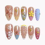 Seashell Garden Reverie Press-On Nails | Almond Stiletto | 3D Shell Plumeria Starfish Pastel | LuxepressCo