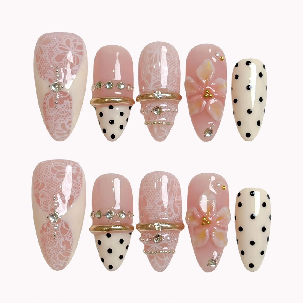 Blush Lace Amour 3D Press-On Nails | Almond | Coquette Vintage Lace | LuxepressCo