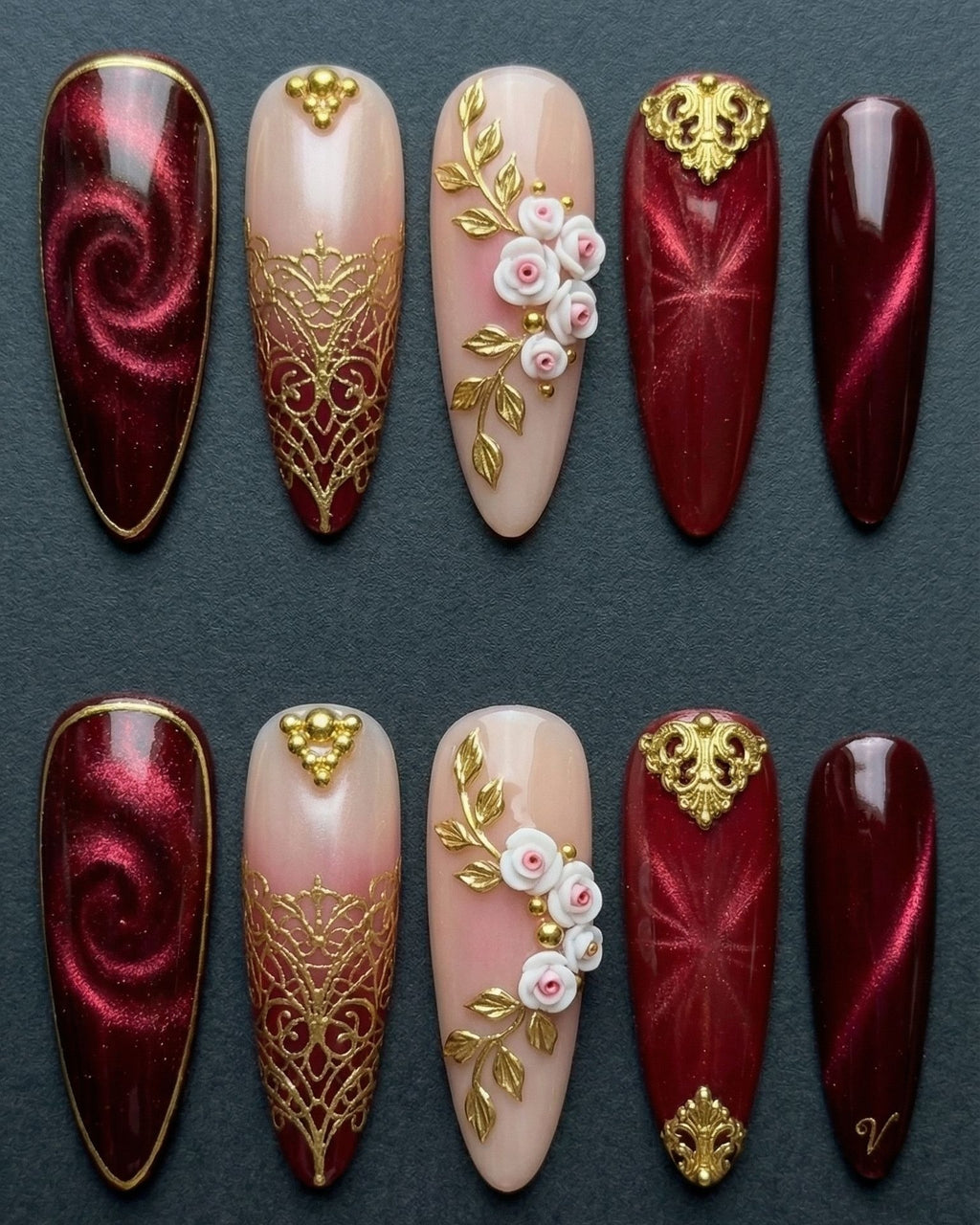 Burgundy Rose Baroque Press-On Nails | Cat Eye Chrome & 3D Floral | Custom Press-On Nails