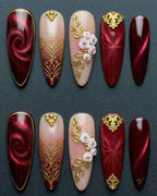 Burgundy Rose Baroque Press-On Nails | Cat Eye Chrome & 3D Floral | Custom Press-On Nails
