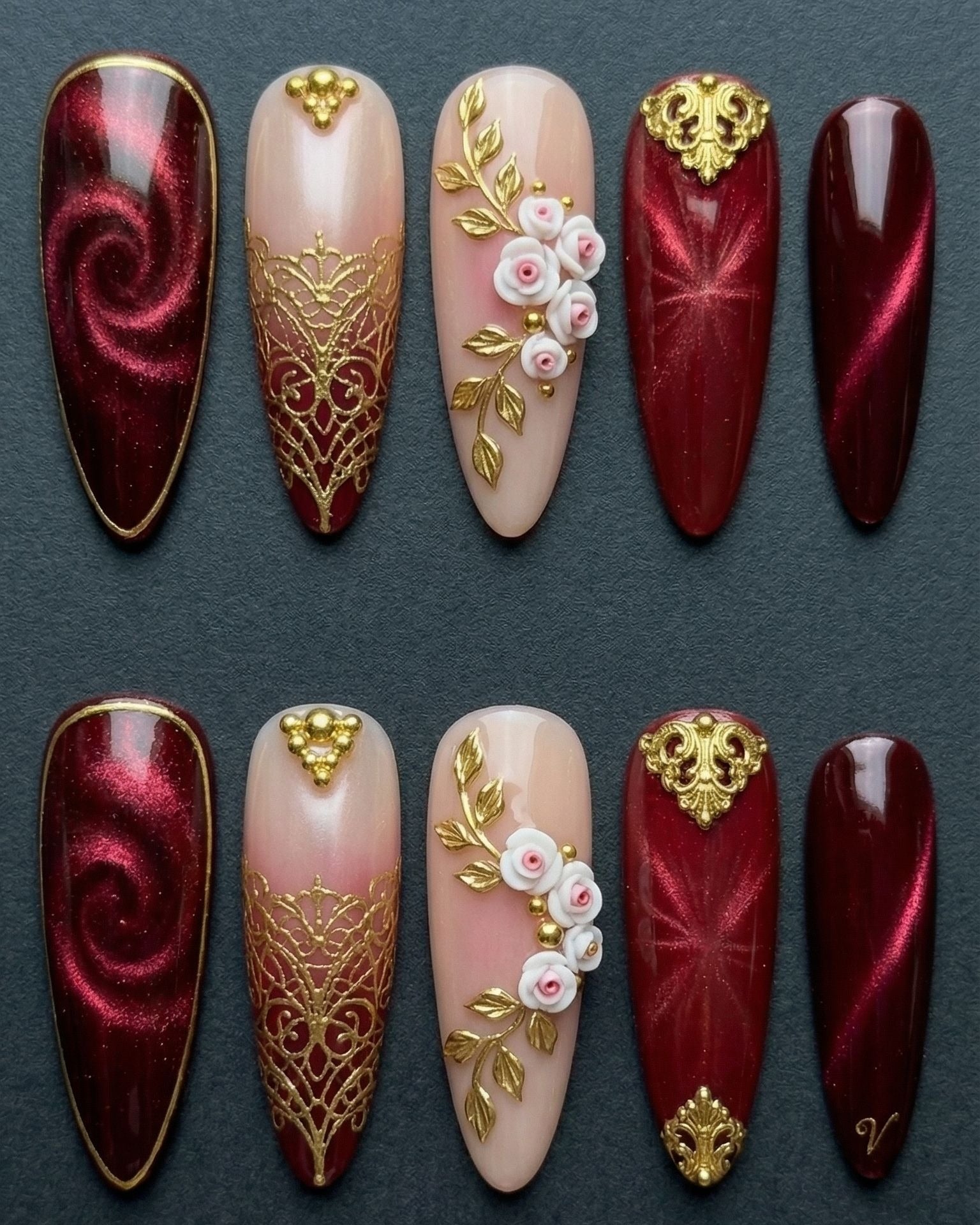 Burgundy Rose Baroque Press-On Nails | Cat Eye Chrome & 3D Floral | Custom Press-On Nails