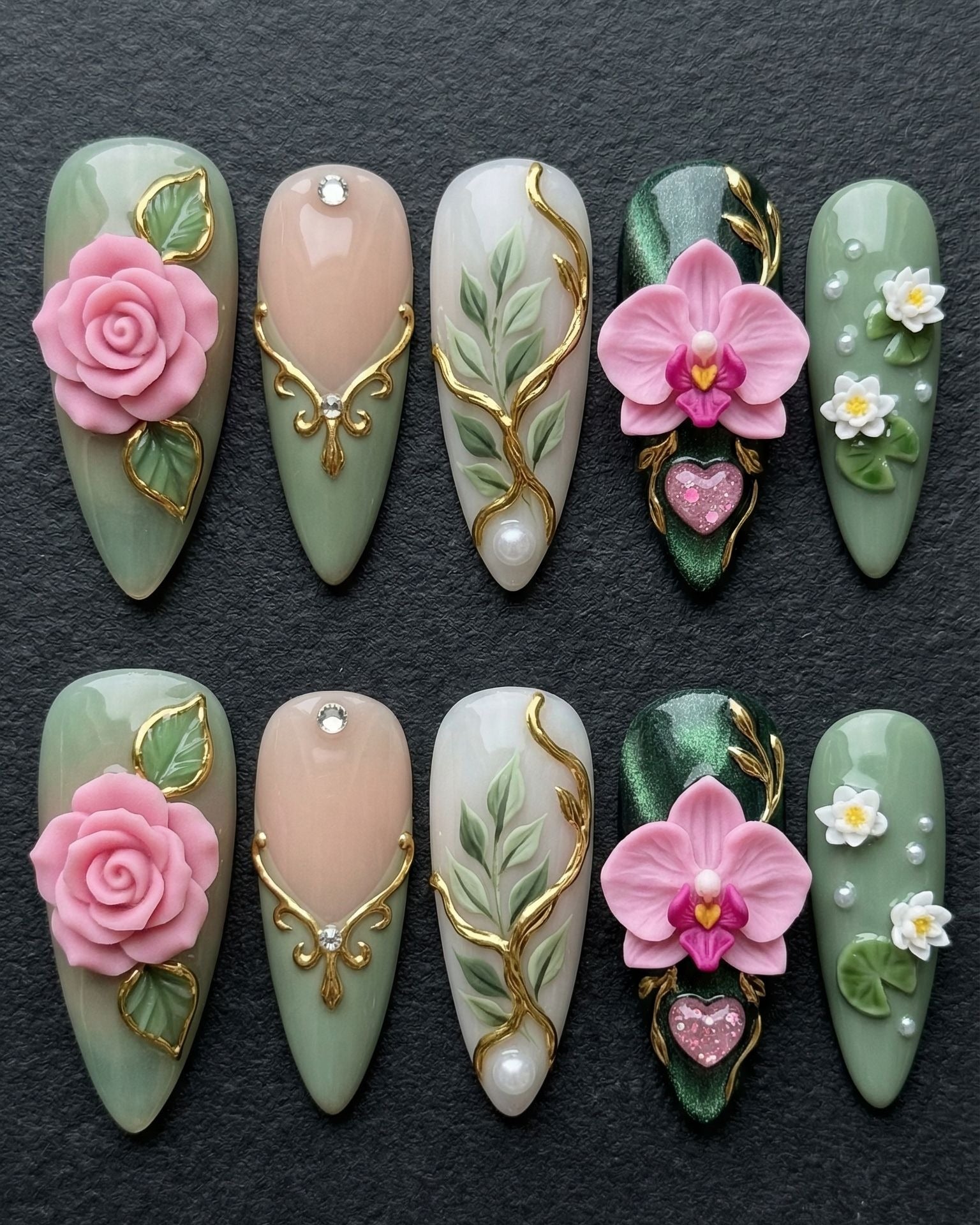 Green Garden Botanical Press-On Nails | 3D Rose Orchid & Gold Vine | Custom Press-On Nails