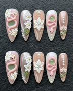 Pink Snake Jade Gem Floral Press-On Nails | 3D Pearl & White Jasmine | Custom Press-On Nails