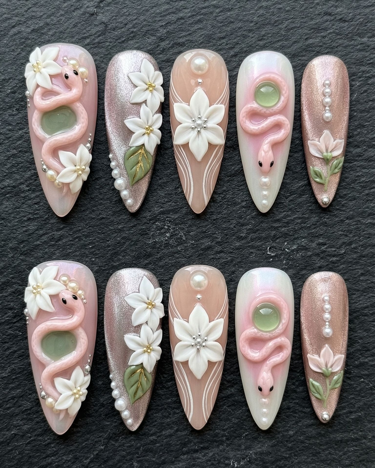 Pink Snake Jade Gem Floral Press-On Nails | 3D Pearl & White Jasmine | Custom Press-On Nails