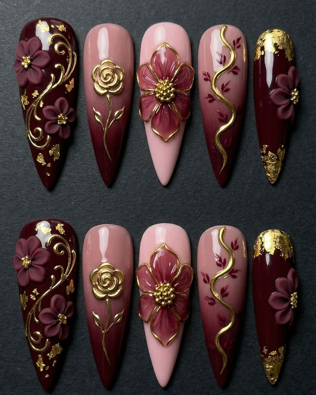 Burgundy Gold Floral Foil Press-On Nails | 3D Rose & Gold Vine Art | Custom Press-On Nails
