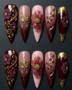 Burgundy Gold Floral Foil Press-On Nails | 3D Rose & Gold Vine Art | Custom Press-On Nails