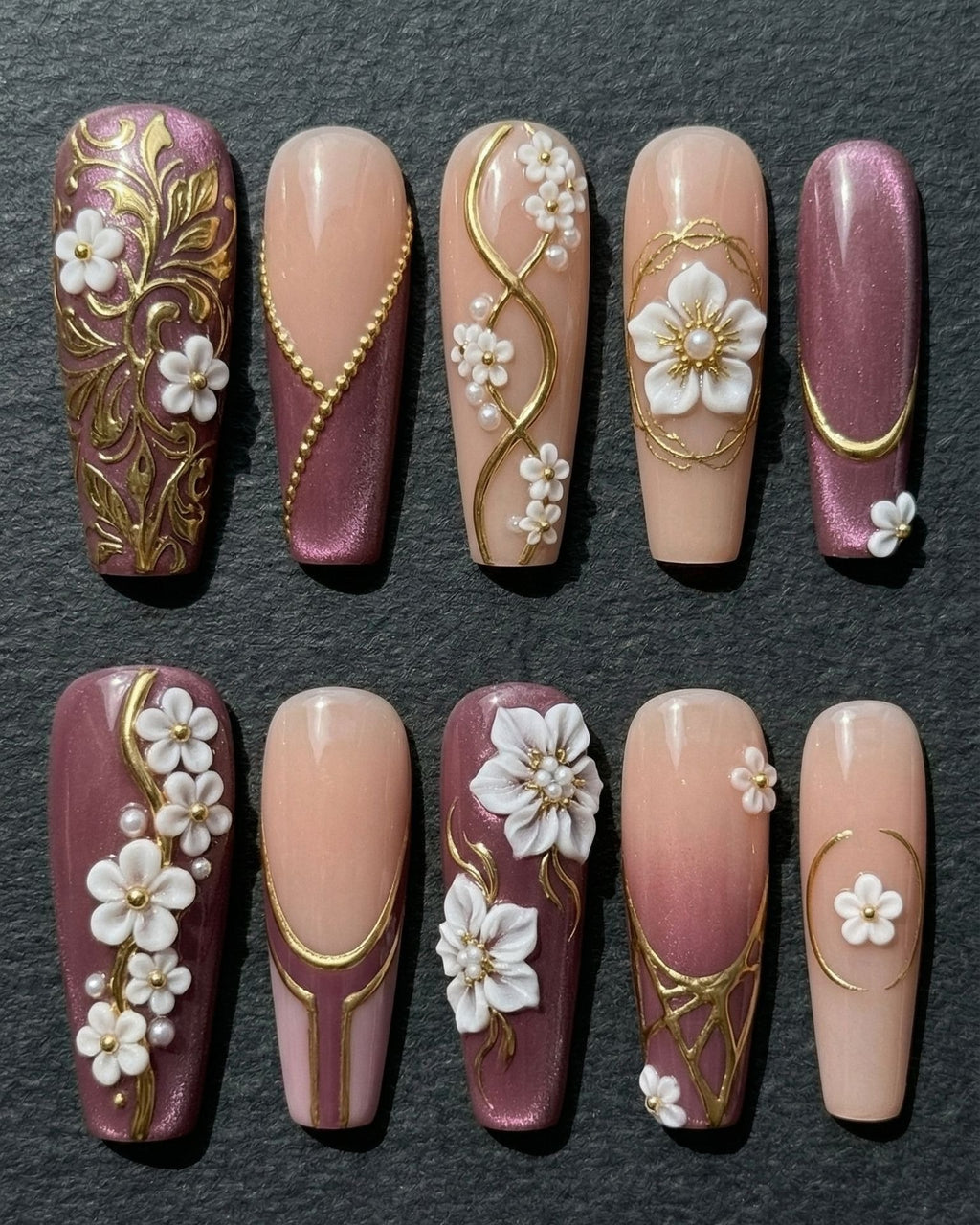Mauve Chrome Baroque Floral Press-On Nails | 3D White Flower & Gold Bead Chain | Custom Press-On Nails
