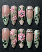 Sage Green Pink Floral Rhinestone Press-On Nails | 3D Flower & Chrome Leaf | Custom Press-On Nails