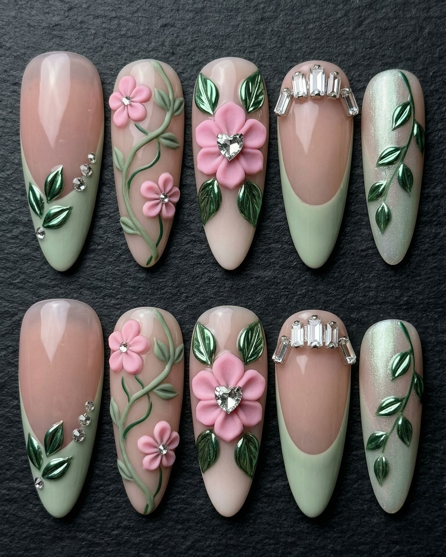 Sage Green Pink Floral Rhinestone Press-On Nails | 3D Flower & Chrome Leaf | Custom Press-On Nails