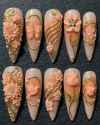 3D Floral & Gold Filigree Press-On Nails | Peach Garden | Custom Press-On Nails — LuxepressCo