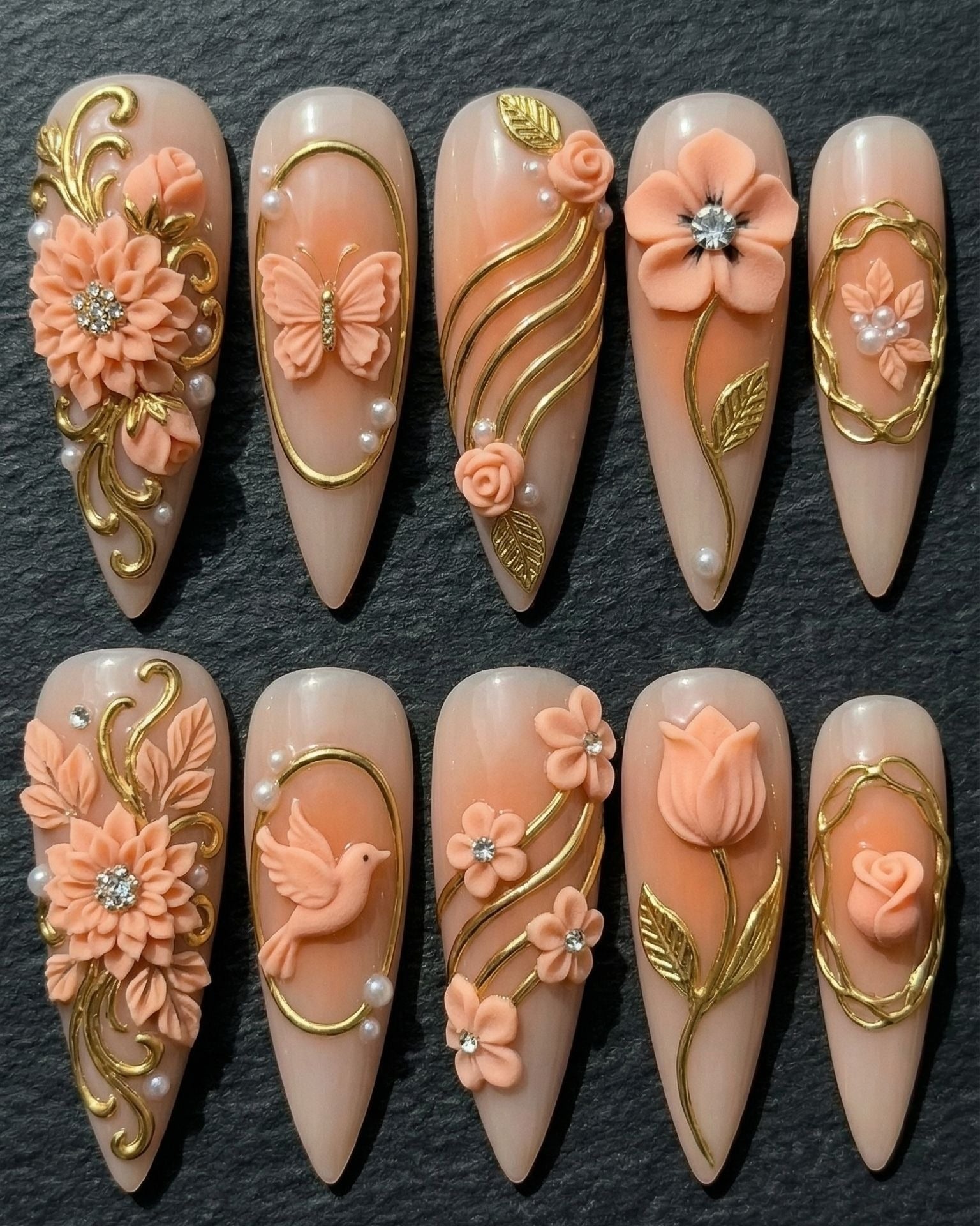 3D Floral & Gold Filigree Press-On Nails | Peach Garden | Custom Press-On Nails — LuxepressCo