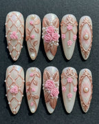 3D Rose & Rose Gold Baroque Press-On Nails | Opal Pearl Lattice | Custom Press-On Nails — LuxepressCo