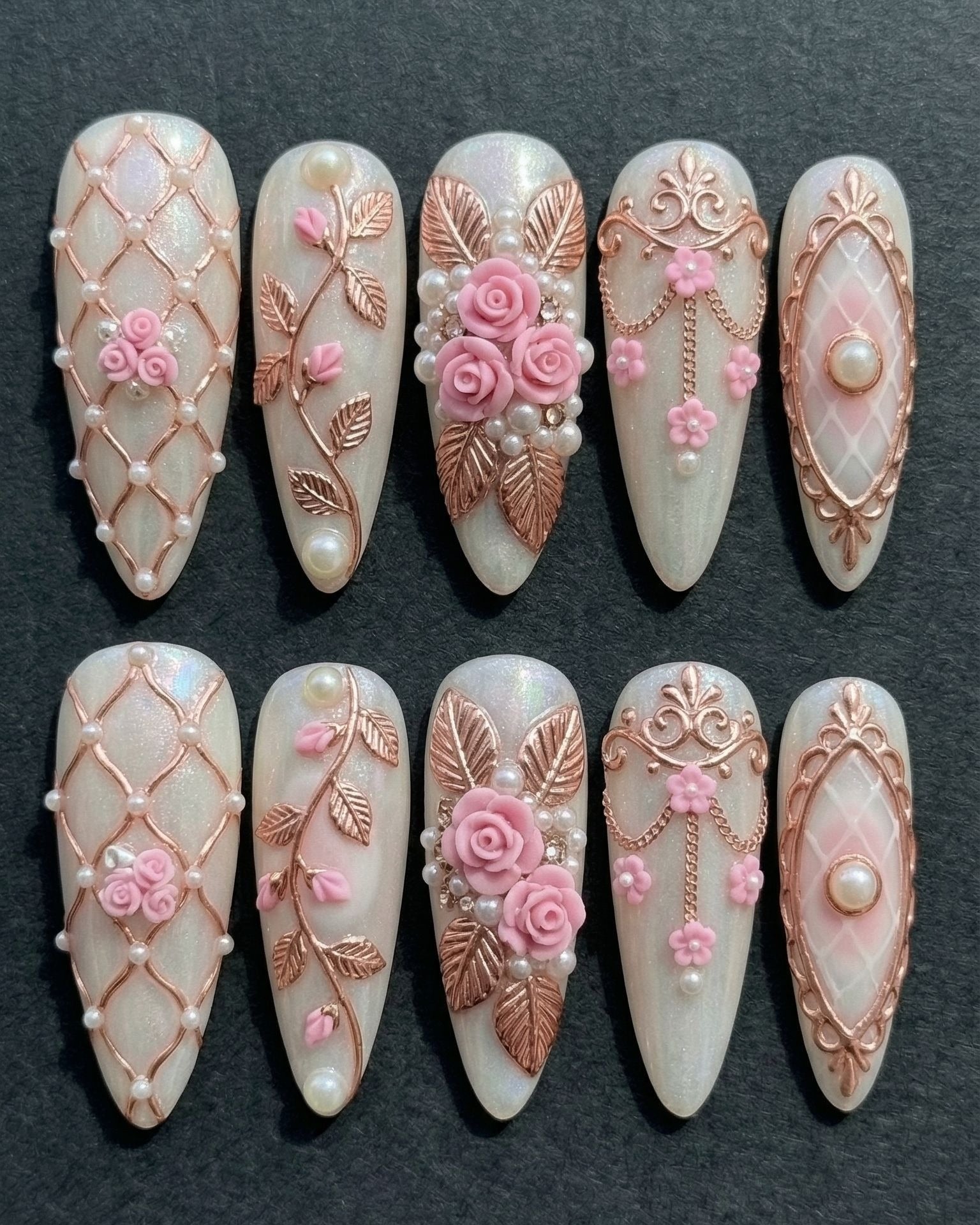 3D Rose & Rose Gold Baroque Press-On Nails | Opal Pearl Lattice | Custom Press-On Nails — LuxepressCo