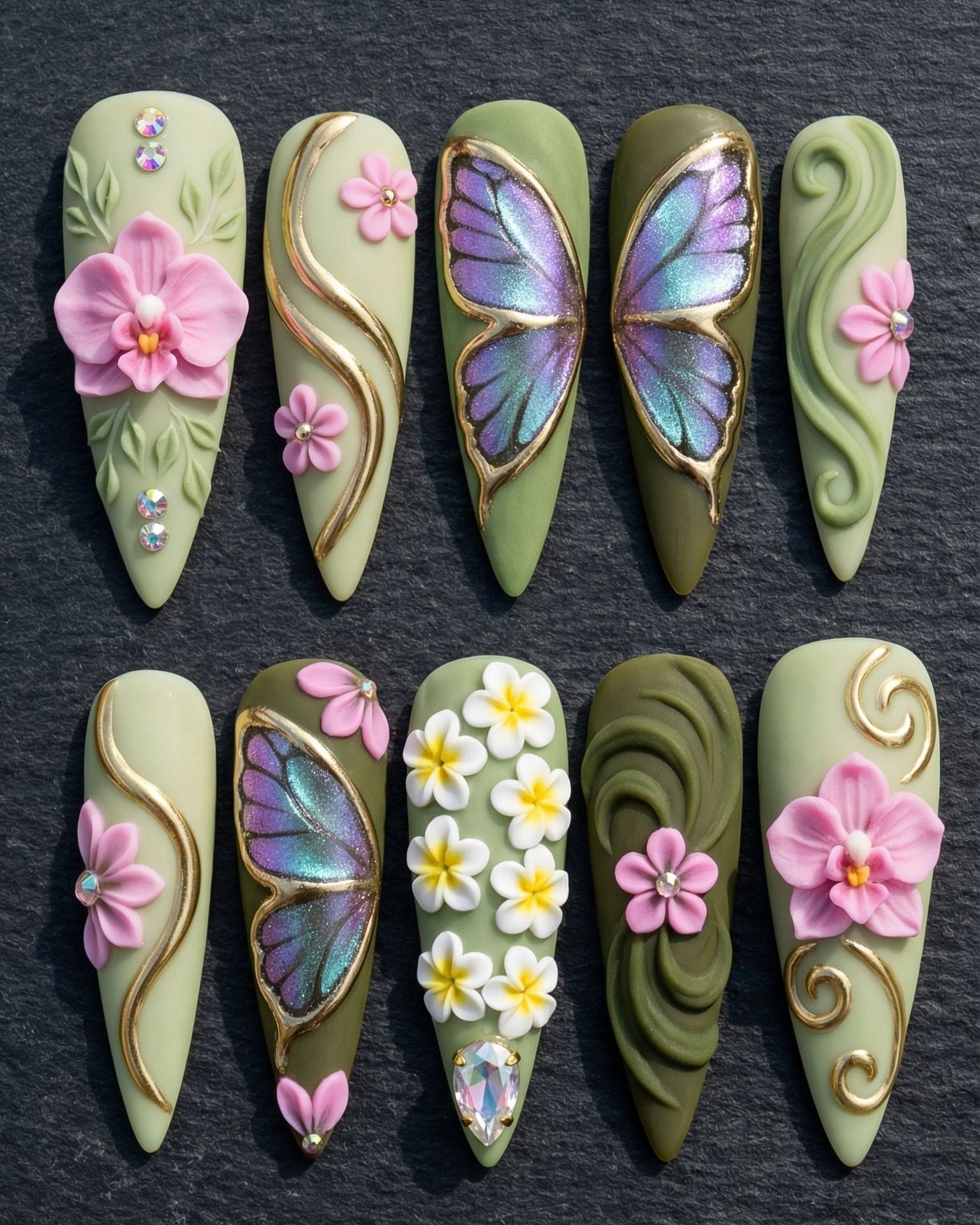3D Butterfly & Floral Press-On Nails | Sage Green Cottagecore | Custom Press-On Nails — LuxepressCo