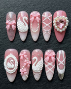 Swan Lake Ballet 3D Press-On Nails | Pink Pearl Bow Gem Set | Custom Press-On Nails | LuxepressCo