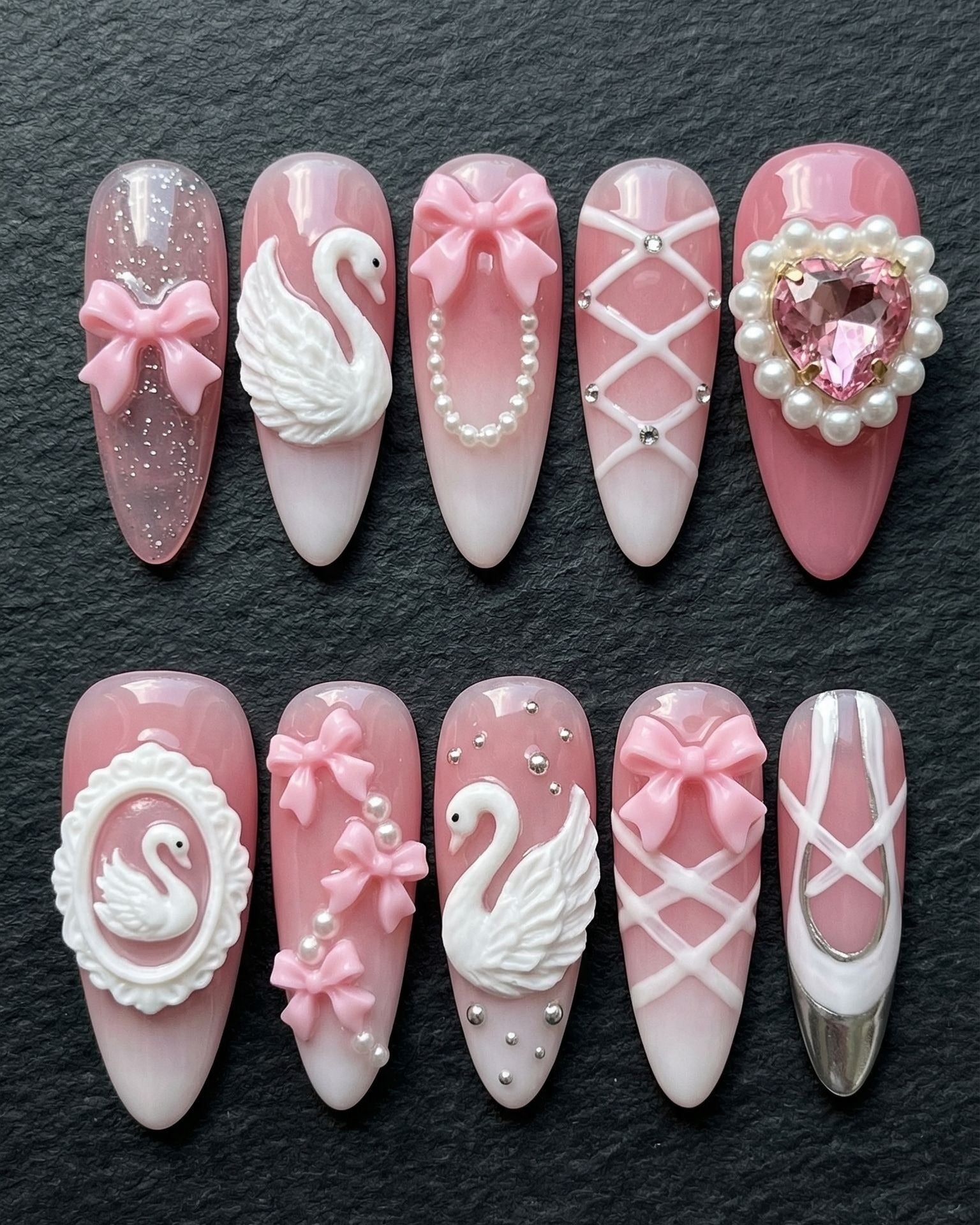 Swan Lake Ballet 3D Press-On Nails | Pink Pearl Bow Gem Set | Custom Press-On Nails | LuxepressCo