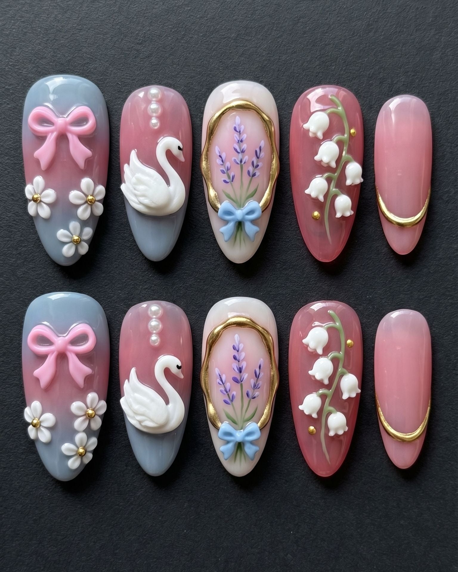 Cottagecore Swan Lavender 3D Press-On Nails | Blue Pink Floral Bow Cameo | Custom Press-On Nails | LuxepressCo