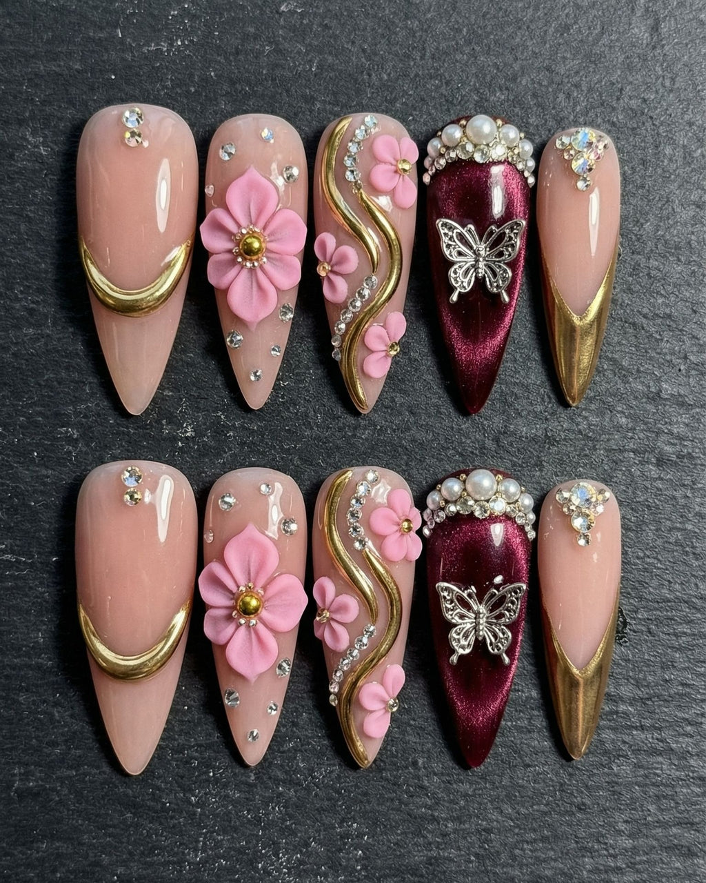 Burgundy Butterfly 3D Press-On Nails | Gold Swirl Pink Flower Rhinestone | Custom Press-On Nails | LuxepressCo