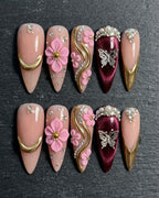 Burgundy Butterfly 3D Press-On Nails | Gold Swirl Pink Flower Rhinestone | Custom Press-On Nails | LuxepressCo