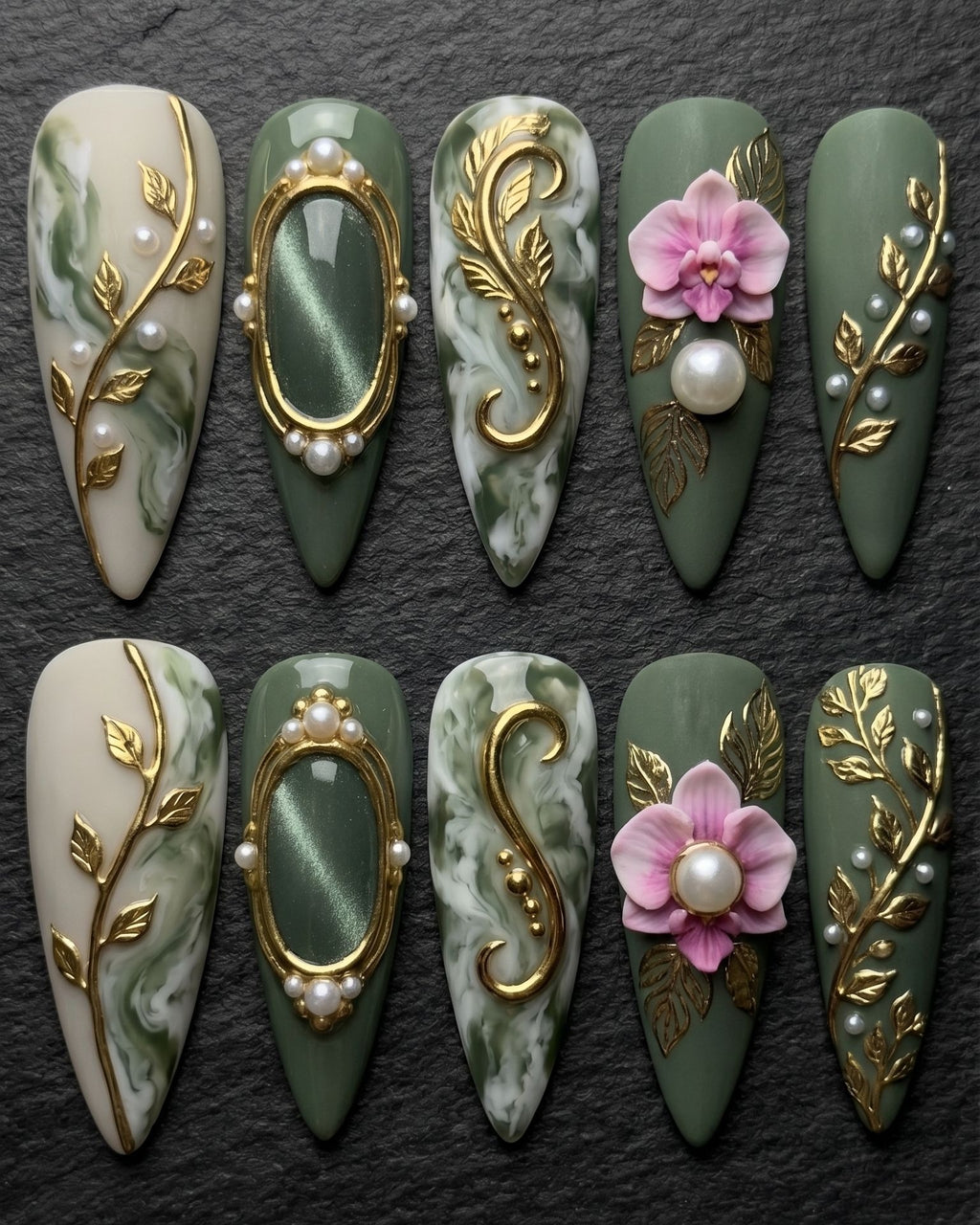 Sage Green Orchid Baroque 3D Press-On Nails | Gold Leaf Pearl Marble Cameo | Custom Press-On Nails | LuxepressCo
