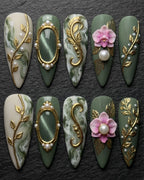 Sage Green Orchid Baroque 3D Press-On Nails | Gold Leaf Pearl Marble Cameo | Custom Press-On Nails | LuxepressCo