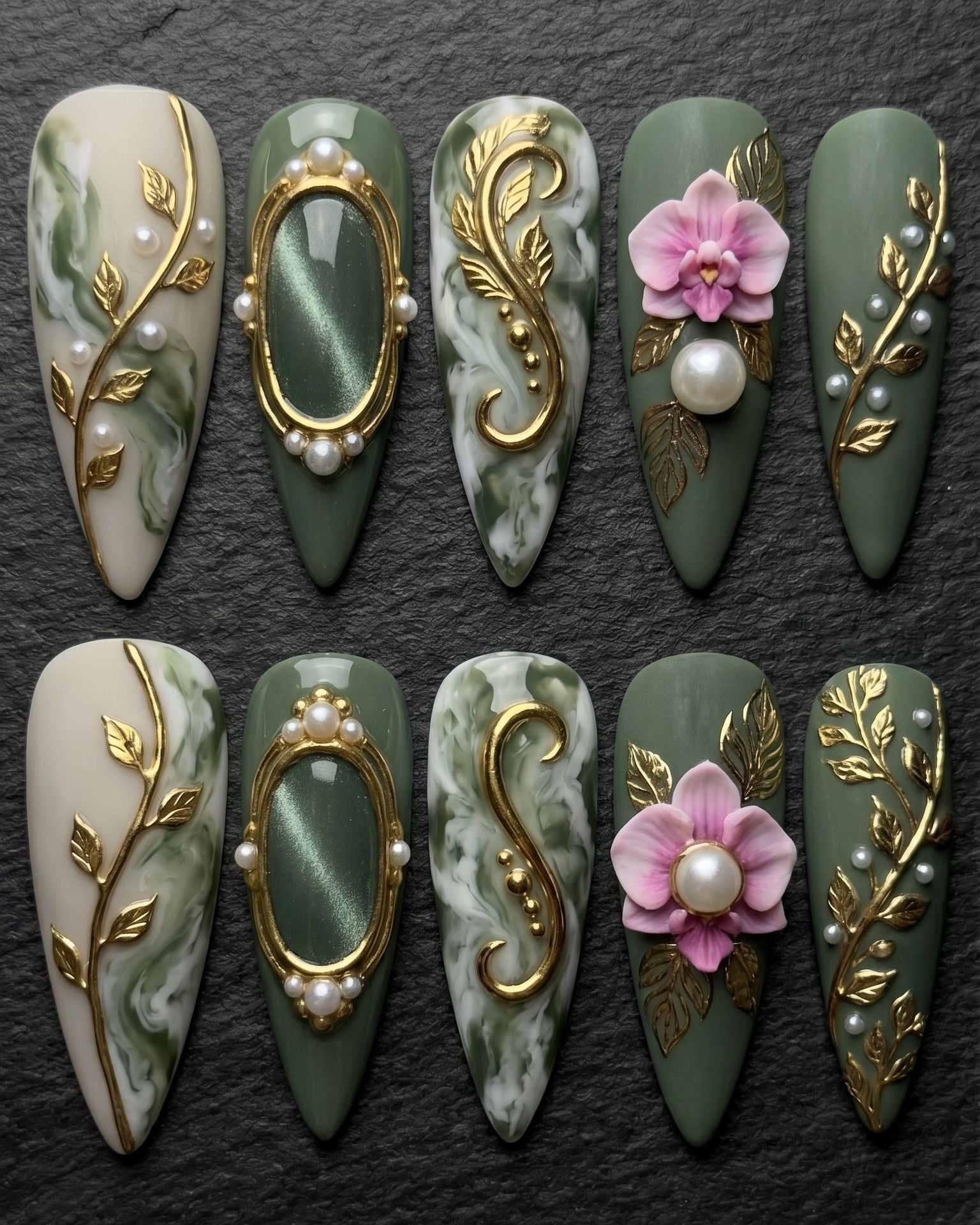 Sage Green Orchid Baroque 3D Press-On Nails | Gold Leaf Pearl Marble Cameo | Custom Press-On Nails | LuxepressCo