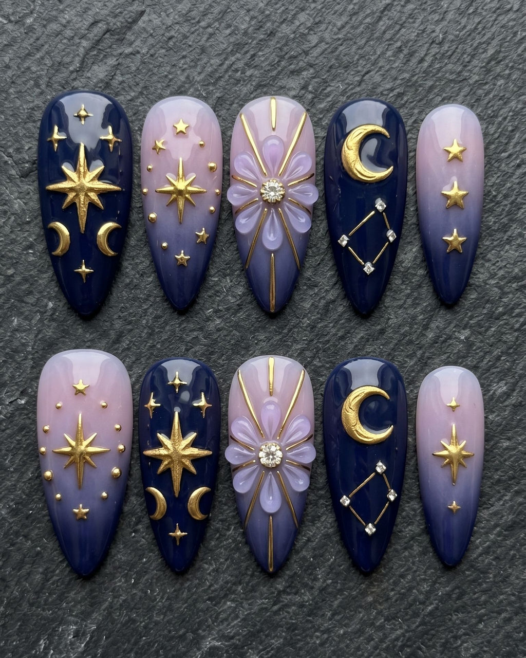 Celestial Galaxy Press-On Nails | Navy Blue & Lavender 3D Star Moon Rhinestone | Custom Press-On Nails