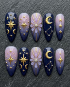 Celestial Galaxy Press-On Nails | Navy Blue & Lavender 3D Star Moon Rhinestone | Custom Press-On Nails