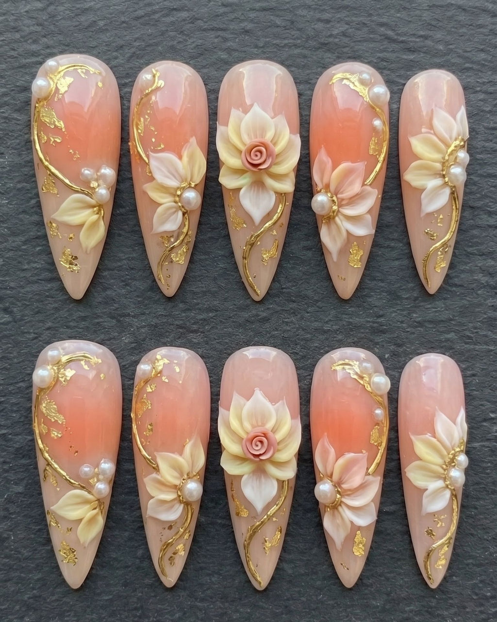 3D Floral Gold Foil & Pearl Stiletto Press-On Nails | Custom Press-On Nails