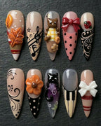 3D Mixed Art Press-On Nails | Teddy Bear, Maple Leaf, Music Notes | Custom Press-On Nails — LuxepressCo