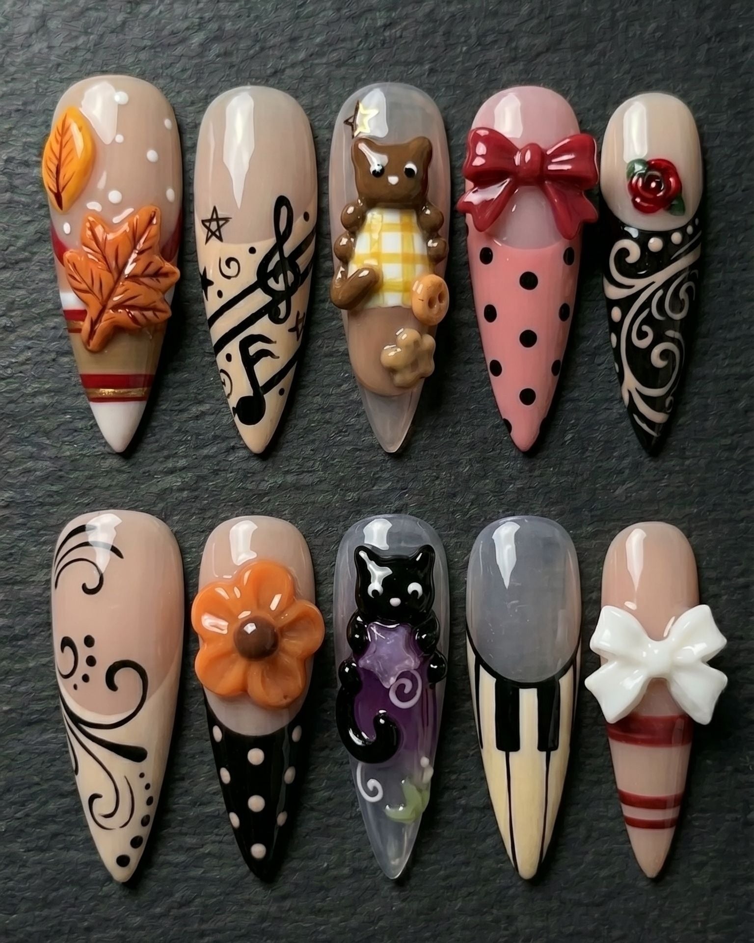 3D Mixed Art Press-On Nails | Teddy Bear, Maple Leaf, Music Notes | Custom Press-On Nails — LuxepressCo