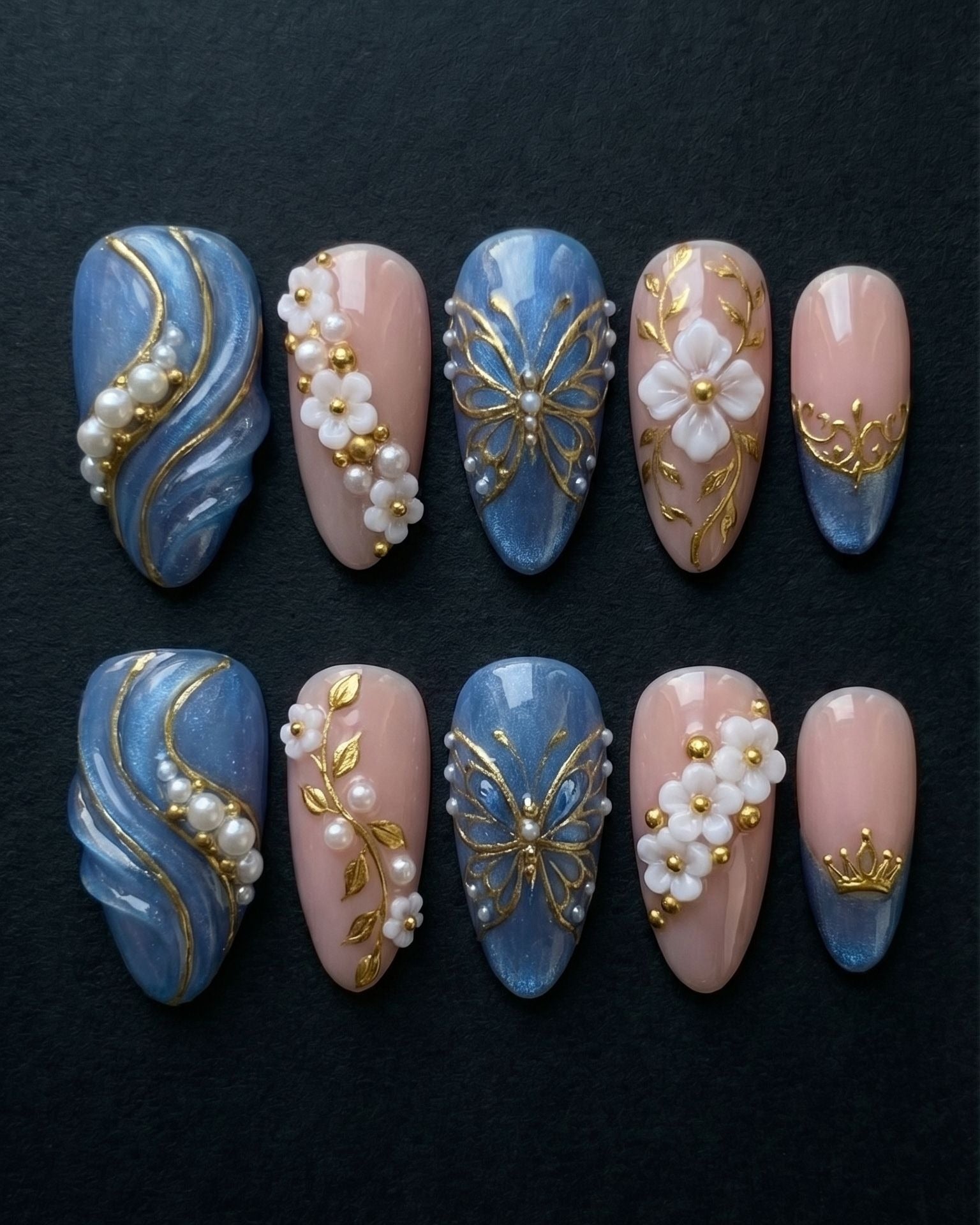 Blue Marble 3D Floral & Butterfly Press-On Nails | Custom Press-On Nails