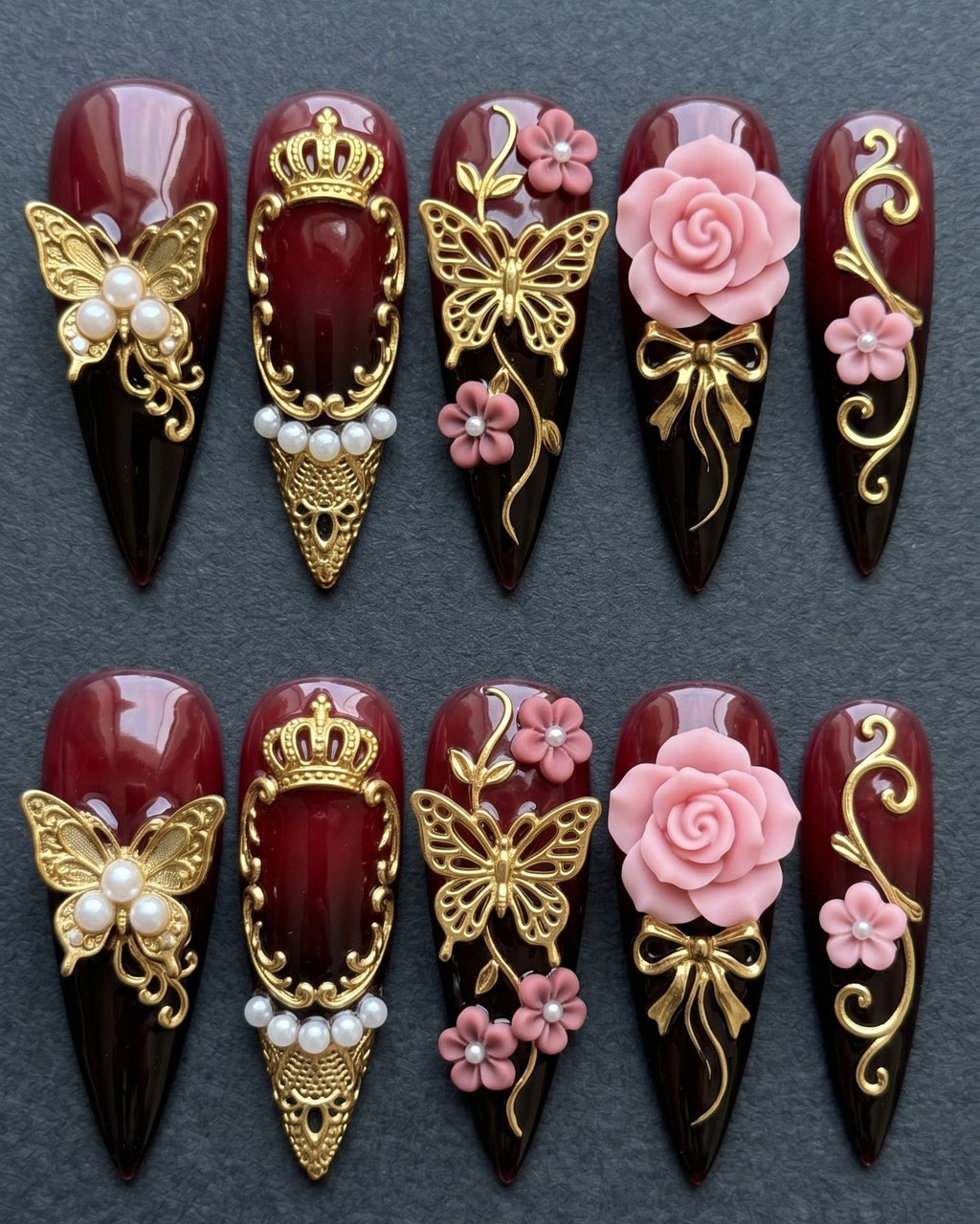 Burgundy Royal Butterfly 3D Press-On Nails | Gold Crown Pearl Floral Stiletto | Custom Press-On Nails — LuxepressCo
