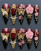 Burgundy Royal Butterfly 3D Press-On Nails | Gold Crown Pearl Floral Stiletto | Custom Press-On Nails — LuxepressCo