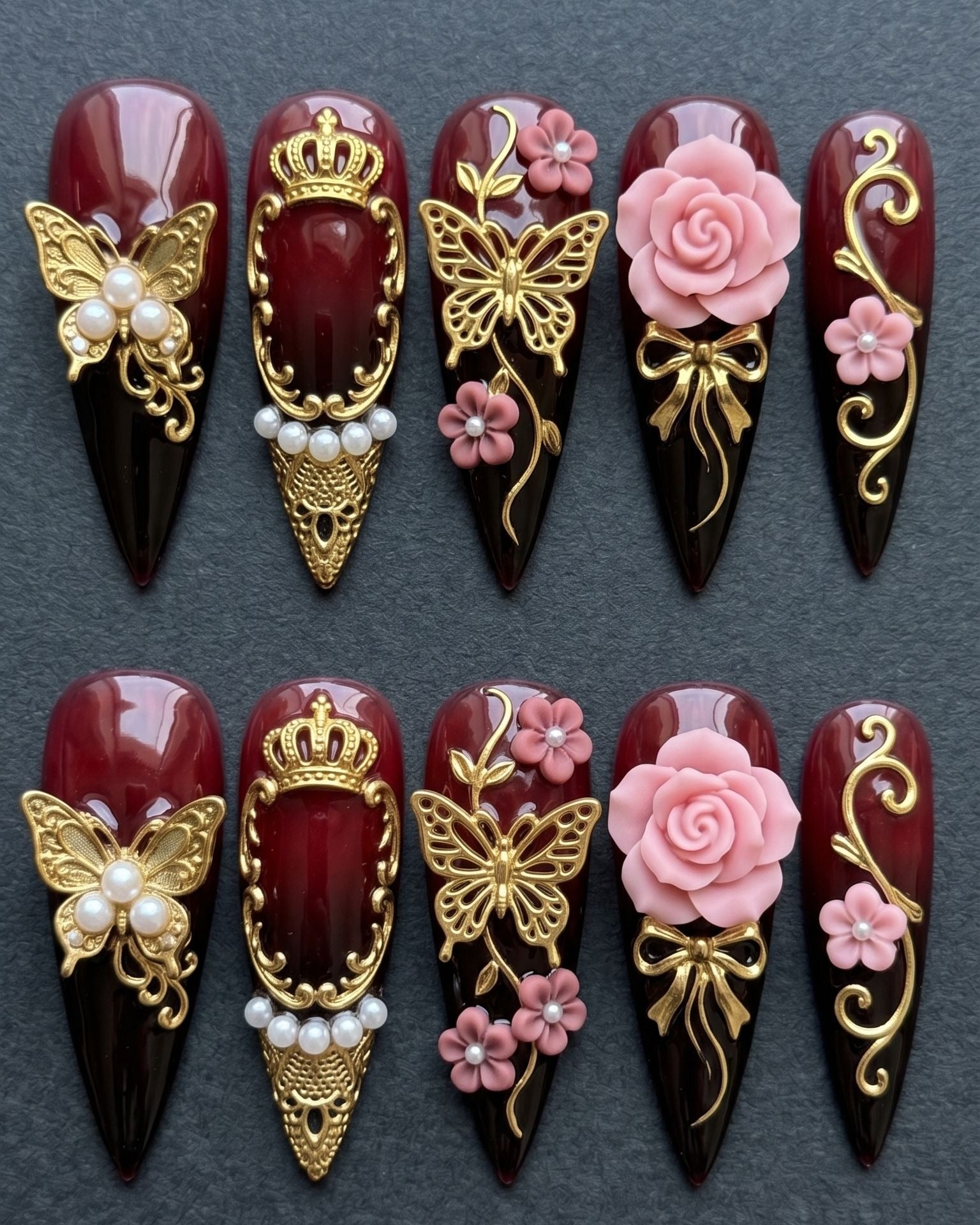 Burgundy Royal Butterfly 3D Press-On Nails | Gold Crown Pearl Floral Stiletto | Custom Press-On Nails — LuxepressCo