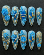 3D Blue Rose & Gold Filigree Press-On Nails | Stiletto | Custom Press-On Nails — LuxepressCo