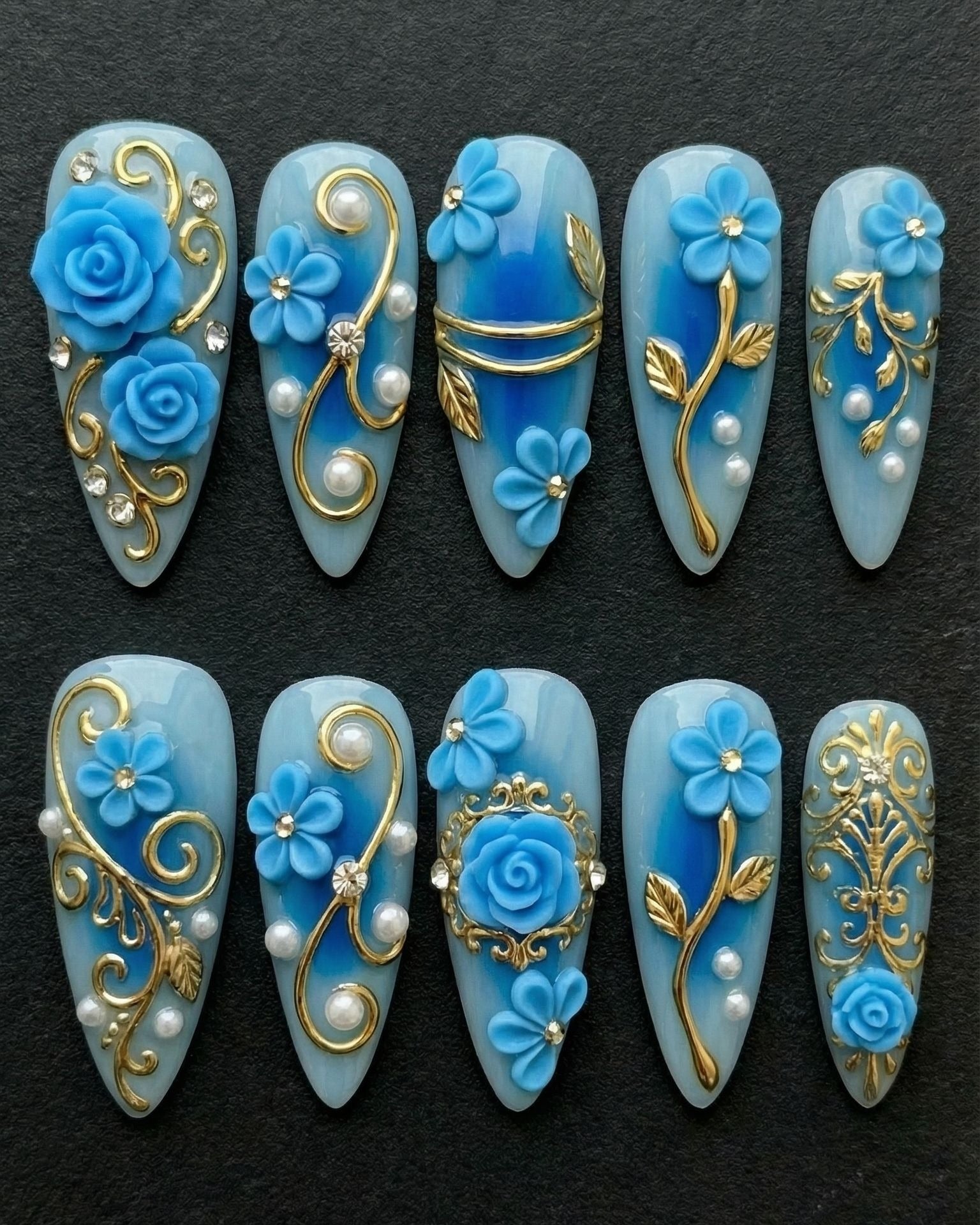 3D Blue Rose & Gold Filigree Press-On Nails | Stiletto | Custom Press-On Nails — LuxepressCo