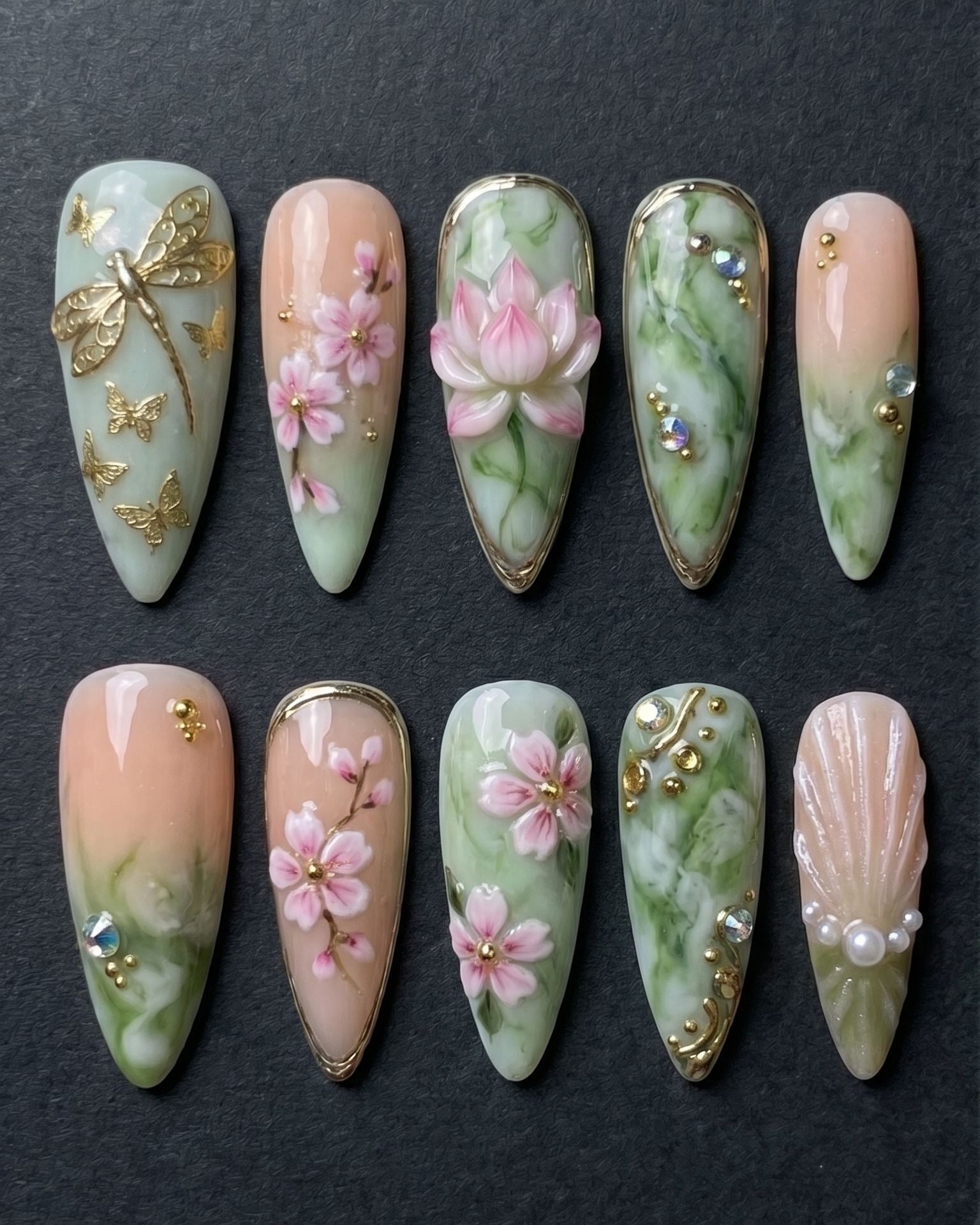 3D Floral Press-On Nails | Lotus Cherry Blossom Gold Dragonfly Sage Green | Custom Press-On Nails — LuxepressCo