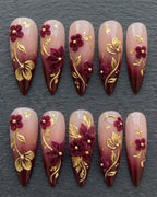 Burgundy Gold 3D Floral Press-On Nails | Velvet Flower & Gold Vine | Custom Press-On Nails